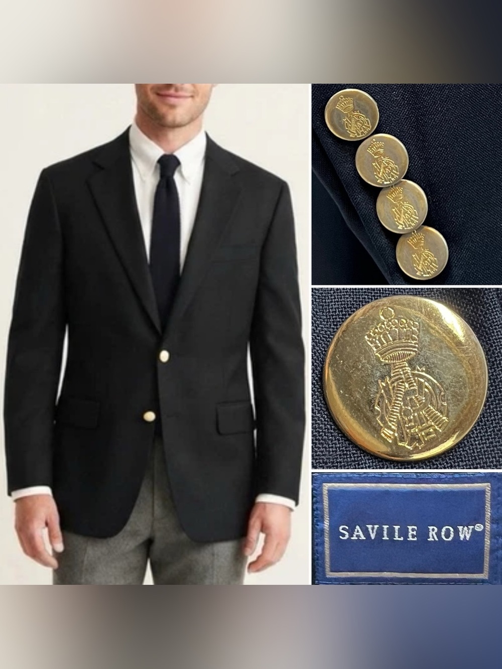 Savile Row Men's 43L Navy Blue Wool Gold Button Blazer Jacket Sport Coat